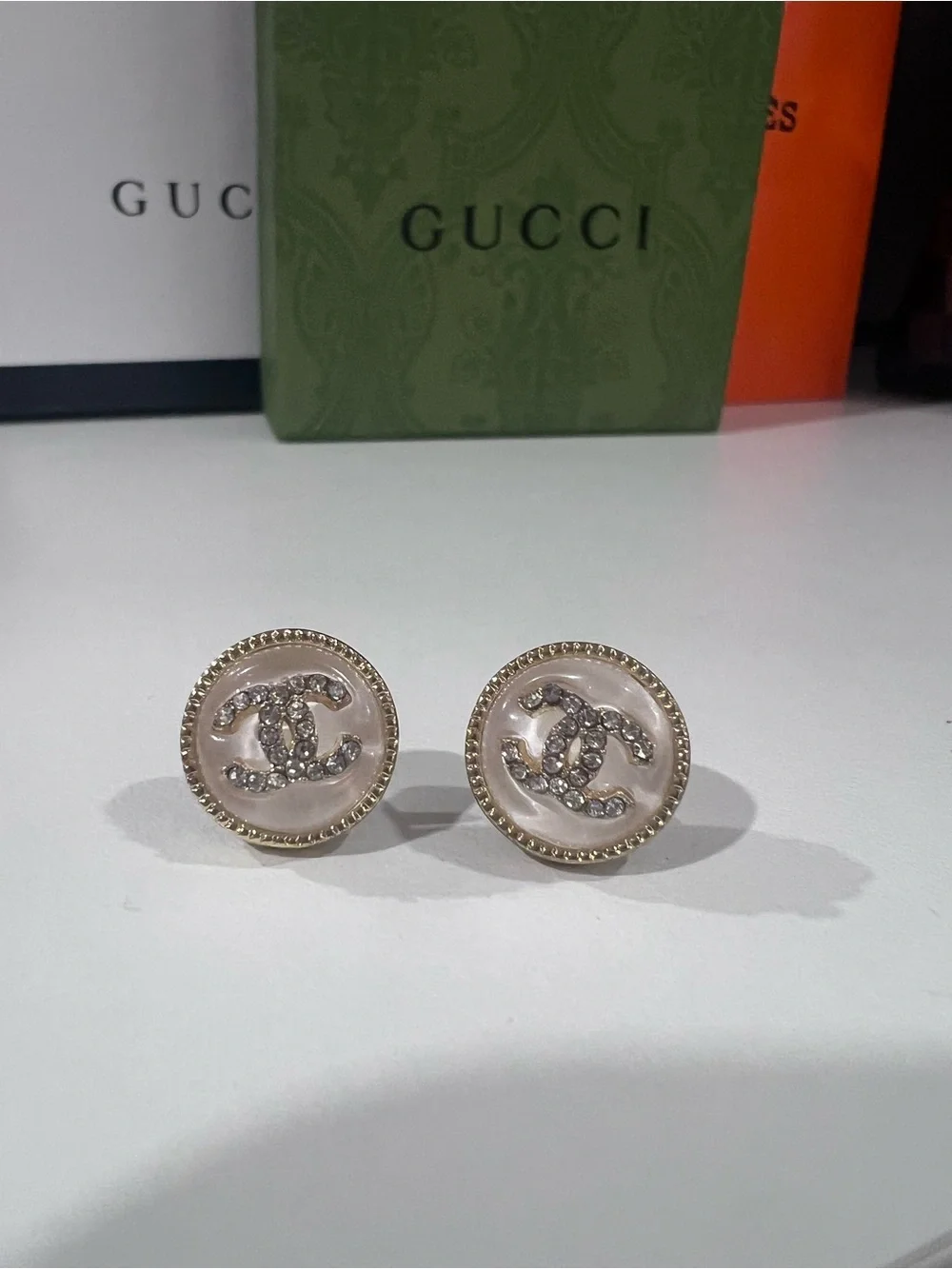 CHANEL Gold-Tone Pearl Button Earrings with Crystal CC